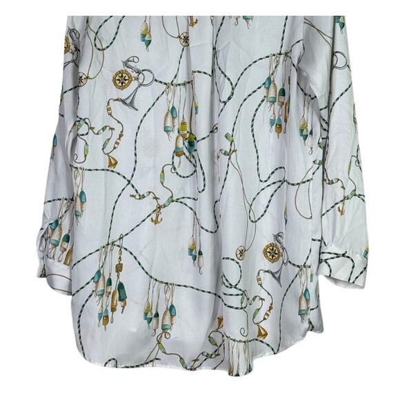 ZARA 90s Vintage Style Nautical Chain Print Silk Feel Blouse Button Up M White - Picture 7 of 14